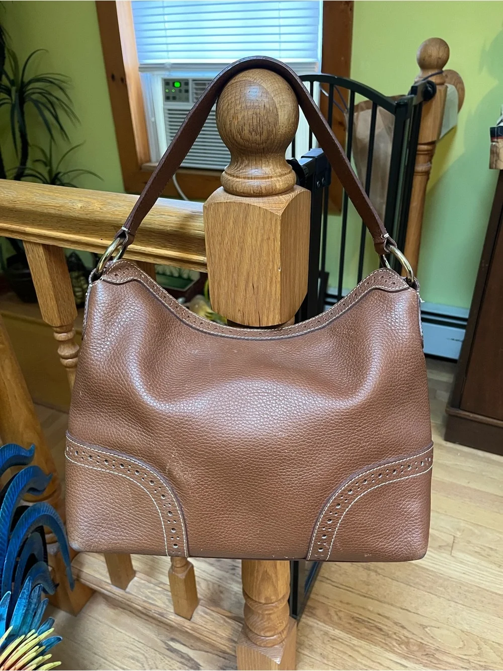 Dooney & Bourke Camel Brown Pebbled Leather Shoulder Bag with Tassel Emblem